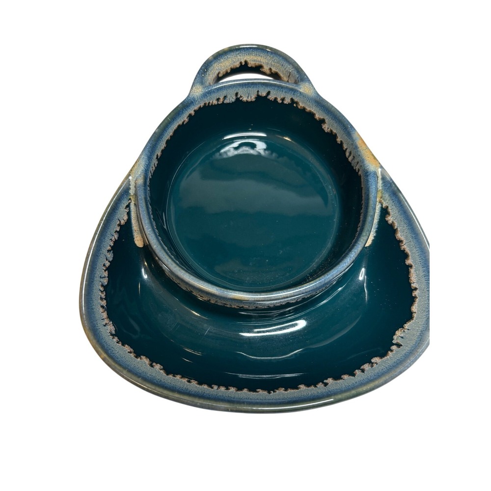 LTD Commodities Teal Blue Stoneware Triangle Chip and Dip Serving Bowl Handle